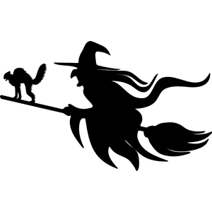 Witch and Cat on Broomstick Silhouette
