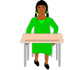 Girl in pigtails sitting at student desk