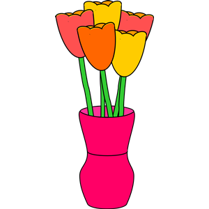 Pink vase of multicolored tulips