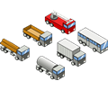 Six isometric vehicles